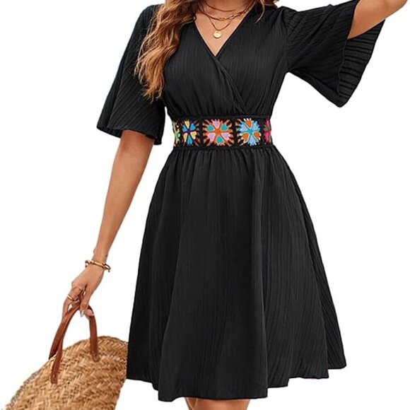 Dresses & Skirts - Women's Linen V-Neck Flutter Sleeve Wrap Dress Casual Beach Holiday